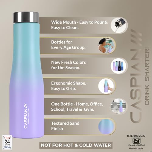 Image of CASPIAN / / / Aqua ISI Certified Stainless Steel Water Bottle 1ltr.(Purple & Green, 1 Litre, Set of 3)|Leak Proof Thunder for Fridge Home Office Travel School Kids Boys Girls Adults Sports Gym|BPA Free