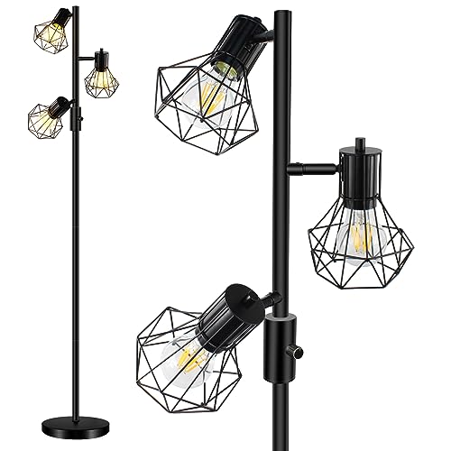 HiBay Lampadaire LED Noir Dimmable Industriel Style Diamant, 3x8W E27 Ampoule 800LM Moderne, Lampadaire sur Pied Salon Métal Vintage Lampe sur Pied pour...