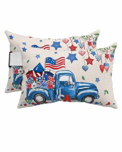 Anzona Pack of 2 Blue 4th of July Lumbar Pillow Covers, Outdoor Waterproof Throw Pillow Covers Set, Spring Floral Red Love Heart Star Rustic Decorative Cushion Case for Patio Beach, 12x20 Inch