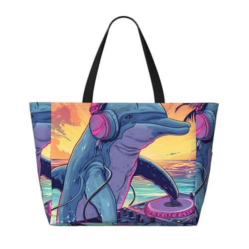 Hip-Hop Dj Dolphin Print Beach Pool Bags Tote For Women Ladies Large Gym Tote Carry On Bag For Weekender Travel Waterproof2