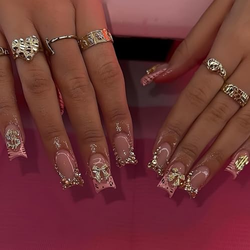 Image of Bow Press on Nails French Tip Fake Nails Pink Glue on Nail with Charms Design Rhinestone False Nail Glossy Full Cover Artificial Acrylic Stick on Nails for Women Girls Manicure 24Pcs