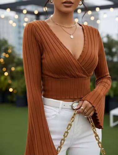 Image of Women Ribbed Knit V-Neck Wrap Top | Long Flare Sleeve Slim Fit Stylish Blouse for Casual