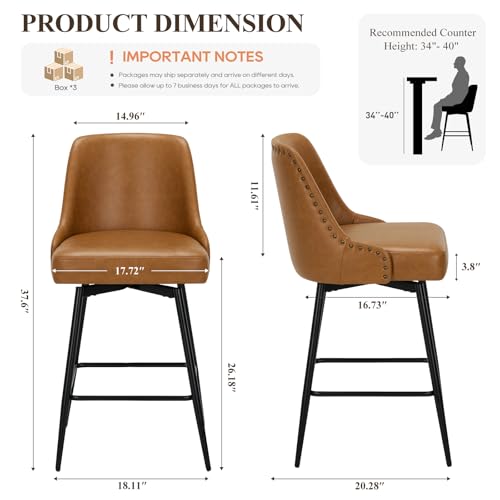 Image of MALOL Bar Stools Set of 6, 26 inch Swivel Counter Height Chairs with Back,Thick Padded Seat & Footrest,Modern Faux Leather Barstool for Kitchen Island,Dining Room,Pub,Brown