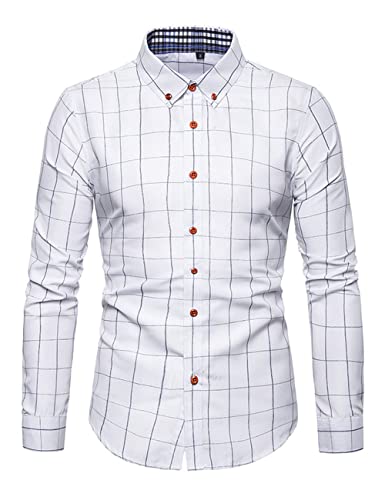 Men's Long Sleeve Plaid Button Down Shirts Fashion Windowpane Casual Shirt Slim Fit