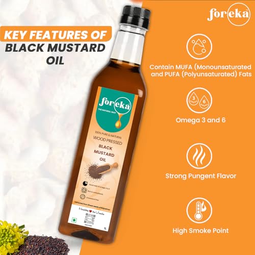 Image of Foreka Wood Pressed Black Mustard Oil 1 Litre (Pack of 2) - Cold Pressed & Unrefined Kachi Ghani Sarso Tel - 100% Natural Chemical-Free Cooking Oil - Strong Aroma & Traditional