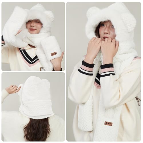 Hooded Scarf for Women Winter, Cute Bear Ear Hat Scarf 3 in 1 Faux Fur Gloves Set Soft Thick Warm Hat4
