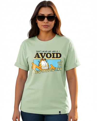 Image of Bewakoof X Official Garfield Merchandise Women's Selective Participation Graphic Printed 100% Cotton T-Shirt - Boyfriend Fit, Round Neck, Half Sleeves, Loose Fit