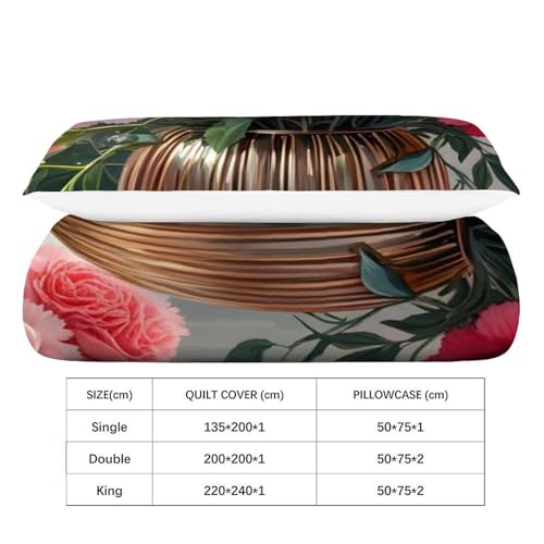 Housse de Couette Fleurs Rouges Microfibre Lit Simple 135x200 Parure de Lit Plantes Imprimé 3D - 4