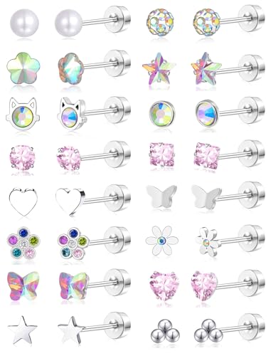 Tornito 16 Pairs Screw Back Earrings For Women Stainless Steel Stud Earrings Set Heart Flower Butterfly Star Square Cat Pearl Ball CZ Tiny Small Flat Screwback Cartilage Stud Earring Multicolored 20G -  ES80-16F