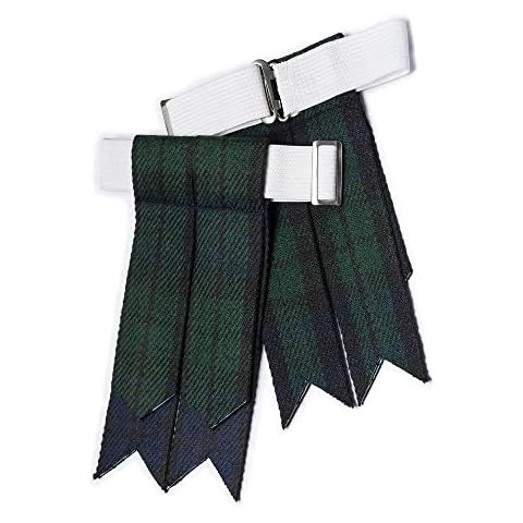 YAS Designer Kilt Flashes for Men with Heavy Buckle Adjusters, Plain & Tartan Socks kilt Flashes/Acrylic Wool Garter Pointed (Black Watch), One Size Cover