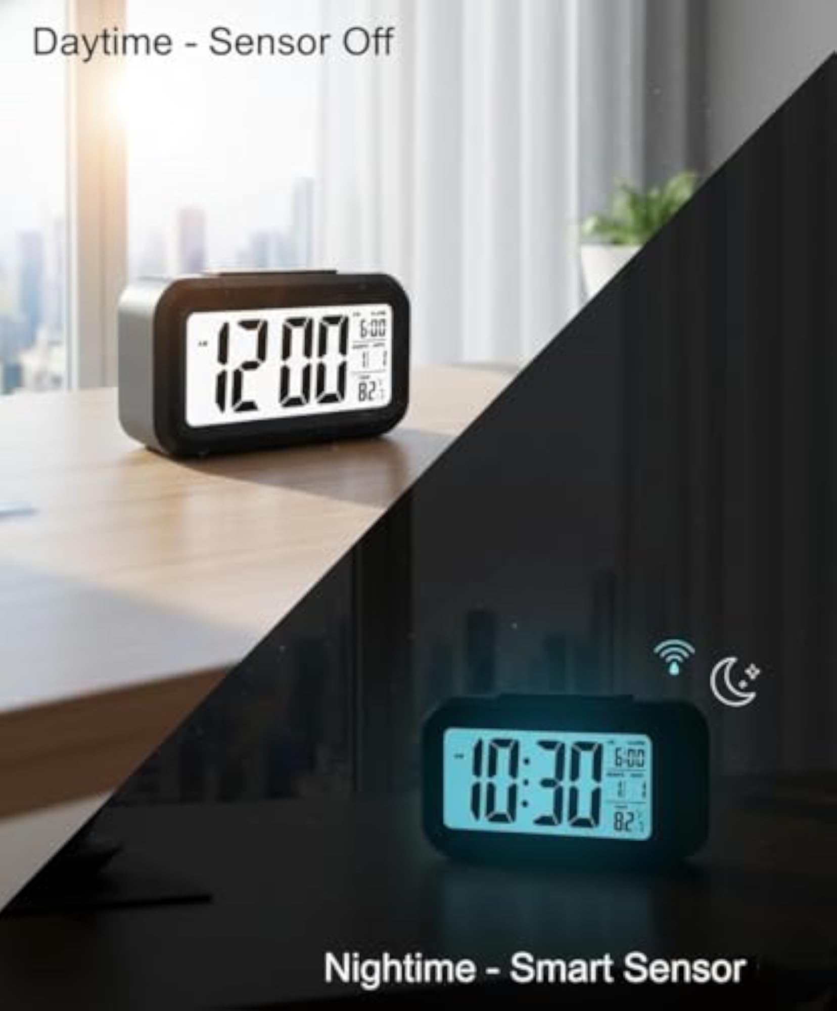 Digital Alarm Clock with Large Display, Smart Night Sensor