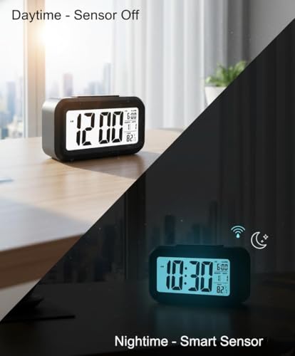 Image of Zentro Digital Alarm Clock with Large Display, Smart Night Sensor & Snooze Function, LED Desk Clock with Date Temperature Calendar, Battery Operated Bedside Table Clock (Black)