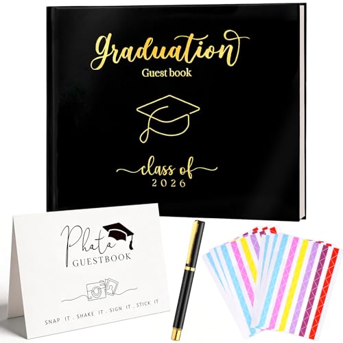 GRADESIN 2026 Graduation Guest Book with Photo Black Gold Guest Sign in Book with Signature Pen for Class of 2026 Memory Scrapbook Graduation Party Favors for Guests 120 Pages