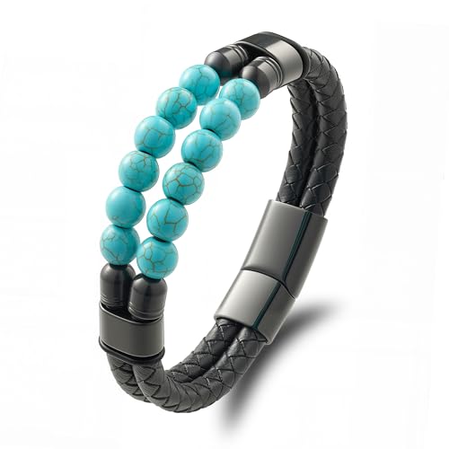 Mrcaois Mens Turquoise Braided Bracelet Black Leather Cuff Jewelry Round Turquoise Bead Double Row Wristband Wide Band with Stainless Steel Clasp-8.3 In