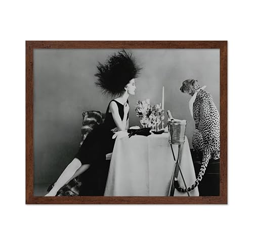 Poster Master Dining With A Cheetah Poster - Wild Dinner Print - Cheetah Art - Photography Design - Black & White Print - Leopard Illustration - Living Room or Office Decor - 16x20 Brown Framed