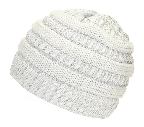 Gravity Threads Knit Soft Stretch Beanie Cap, Silver/White