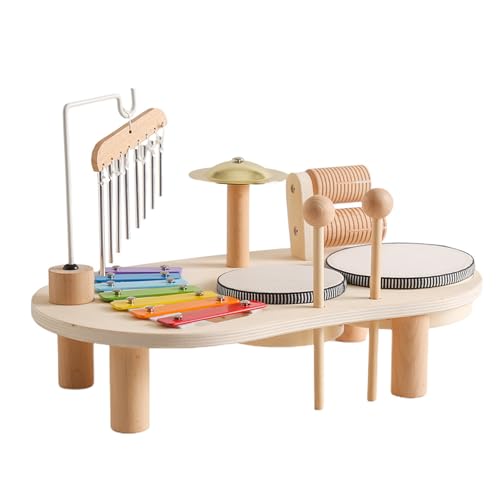 Mechesa 木製ミュージカルドラムキット、子供用ドラムセット | モンテッソーリ教育玩具、子供用ドラムキット7 -in-ミュージック子供のおもちゃモンテッソーリ教育おもちゃドラムキットとムキンチャイルドドラムグループ木琴付き,木製木琴と風鈴のおもちゃ