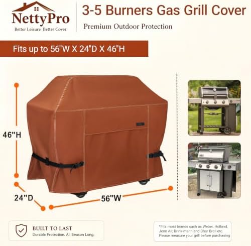 NettyPro BBQ Grill Cover 56 inch Heavy Duty Waterproof Outdoor 2-3 Burners Gas Grill Cover for Outside Weber, Char-Broil, Brinkmann, Nexgrill Barbecue, Brown — view 4