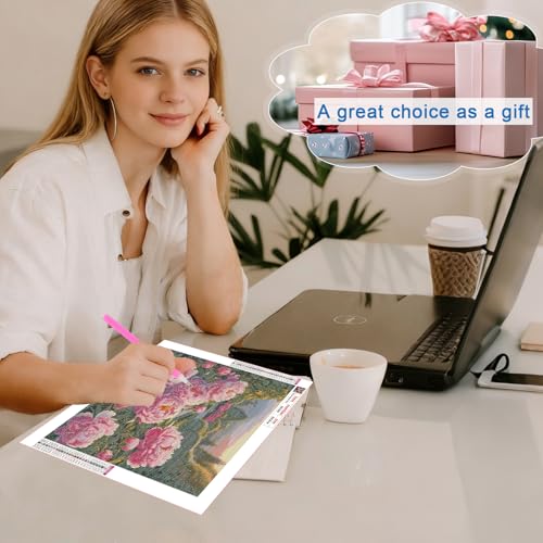 Image of Peony Flower 5D DIY Diamond Painting Kits for Adults, Floral Garden Diamond Art Kits for Beginners, Full Drill Round Dot Painting Gem Art Kits for Home Wall Decor 13.8x13.8 Inch