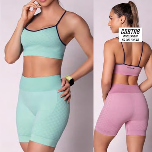 Conjunto Fitness Sem Costura Selene Short e Top Academia Quadriculado Feminino Adulto | Verde Mescla
