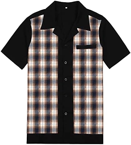 Candow Look Men's Short Sleeve Casual Black Contrast Plaid Shirts