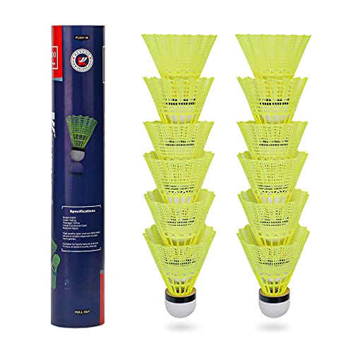 KEVENZ Badminton Shuttlecocks, 12 Pack Nylon Feather Badminton Birdies, 77 Grains High Speed Training Badminton Ball with Stability and Durability for Indoor Outdoor Sports