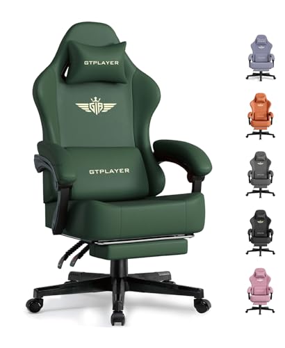 Image of GTPLAYER Gaming Chair with Pocket Spring Cushion, Big and Tall Gamings Chairs 350LBS High Back Computer Chair with Footrest for Adults Lumbar Support Swivel Game Chair for Office, Leather Green