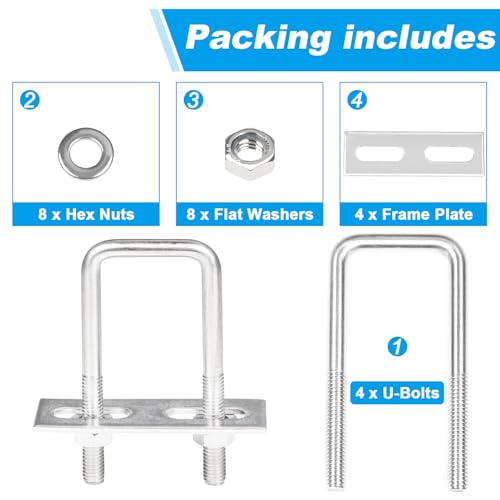 Image of 4 Pack Square U-Bolts 1 inch /25mm Inner Width 2.75 inch /70mm Length 304 Stainless Steel U Bolts M6 with Washers & Nuts & Frame Plate for Automobiles Trailer, Ski Boat, or Sailboat Trailer