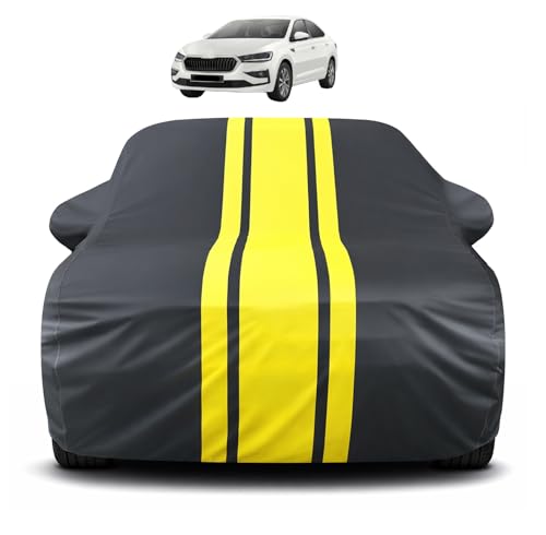 Image of Auto Hub Car Cover Compatible with Skoda Slavia with Mirror Pocket, Soft Cotton Lining, Slavia Car Cover Waterproof - Yellow-Black