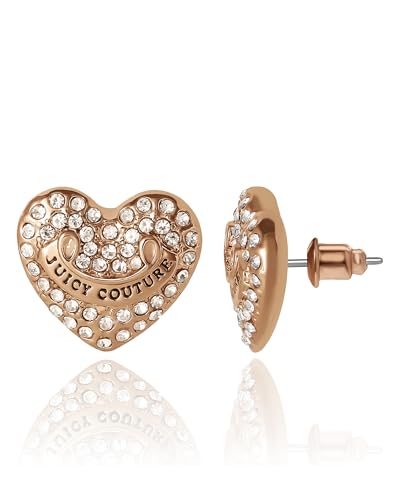 Juicy Couture Logo Heart Stud Earrings for Women with Pink Stones, Juicy Couture Earrings Gold Tone
