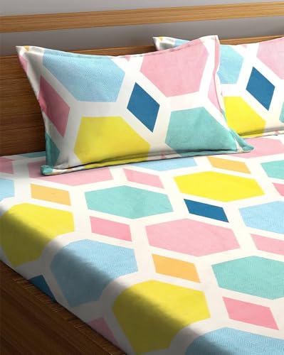 Image of Cotton Feel Glace Cotton Elastic Fitted Printed King Size Double Bed Bedsheet with 2 Pillow Cover (72 inchx78 inch, Thirbhuj)