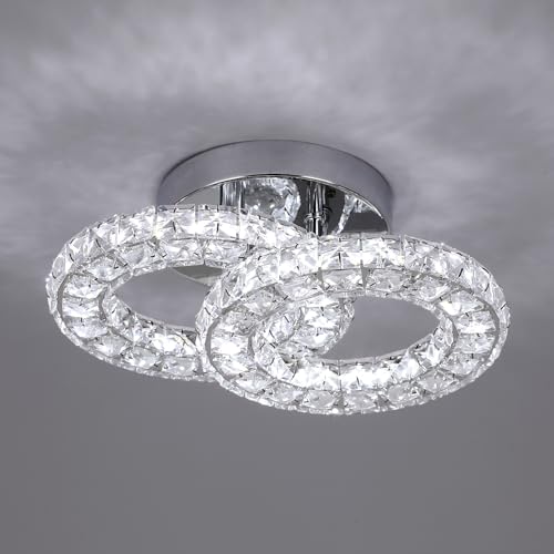 GreeLustr Crystal Chandelier Lighting Fixture, Modern Silver Chandeliers Ceiling Light 3-Color Changeable for Bedroom Living Room, 2-Rings Semi Flush Mount Chrome LED Ceiling Lights for Hallway, 28cm