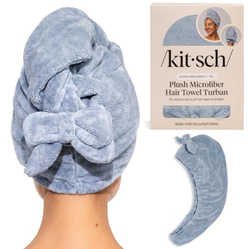 Kitsch Plush Microfiber Hair Towel Wrap for Women w/Bow Ultra Absorbent Microfiber Bath Towels for Wet Curly Long or Short Hair Anti-Frizz Hair Wrap Hair Products Gift for Women Coastal Blue
