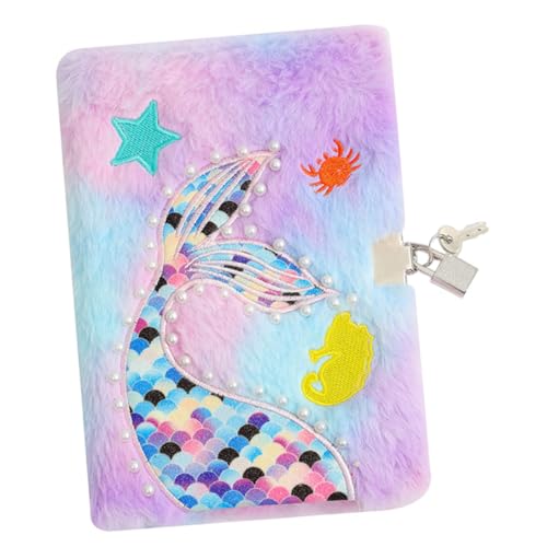 GRADENEVE 鍵付き日記帳 女の子用ノート ふわふわぬいぐるみカバー マーメイドテールポータブルメモ帳 子供用小型軽量ノート