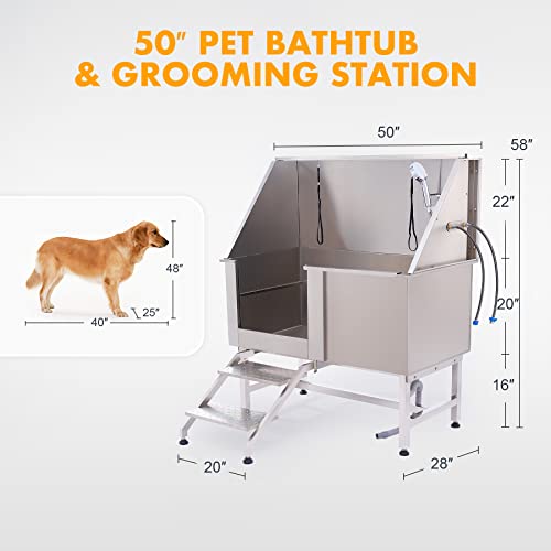 CO-Z Hundebadewanne 50'' Haustierbadewanne aus 304 Edelstahl mit Treppe, Professionelle Tierbadewanne Hundepflegewanne Hundedusche Hundepoolmit Duschkopf & Schiebetür für Hunde Tragfähigkeit 120kg