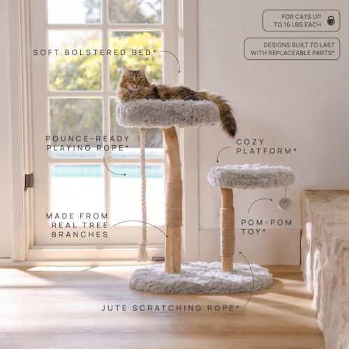 Image of Mau - Modern Wood Cat Tree Tower, Real Branch Scratching Post, Cat Condo