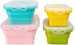 Pack of 4, Collapsible Food Supplement Box, Collapsible Silicone Food Storage Container with Clip-on Lid, Stackable, Space Saving, Dishwasher Safe, BPA Free