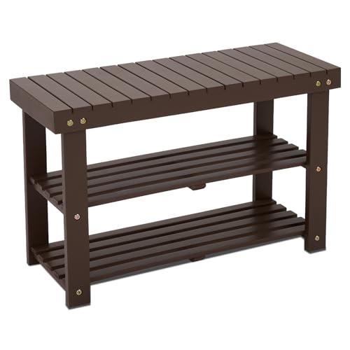 BEEFURNI Wooden Shoe Rack Bench, 3-Tier Wooden Shoe Organizer for