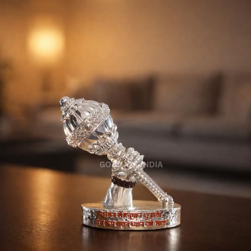 Image of Gold Art India Hanuman Gada Idol Silver Plated - Bajrangbali Gada for Car Dashboard, Home Mandir & Office Decor | 4 Inch