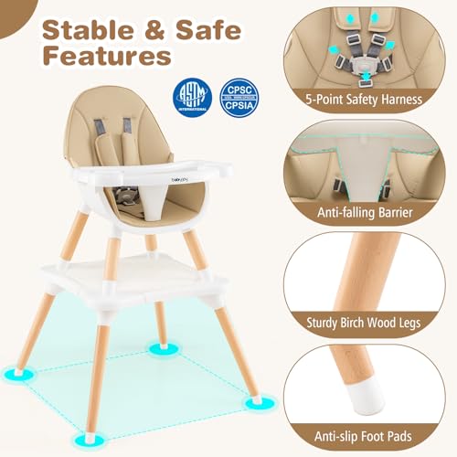 baby joy 6 in 1 high chair convertible high chairs for babies and toddlersbooster seattable and chair set infant wooden highchair w 5-point harness 4-position removable tray amp pu cushion khaki