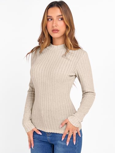 ANRABESS Women's Long Sleeve Tops Mock Neck Ribbed Knit Slim Fit Pleated Basic T Shirts Lightweight Sweater Going Out Clothes3