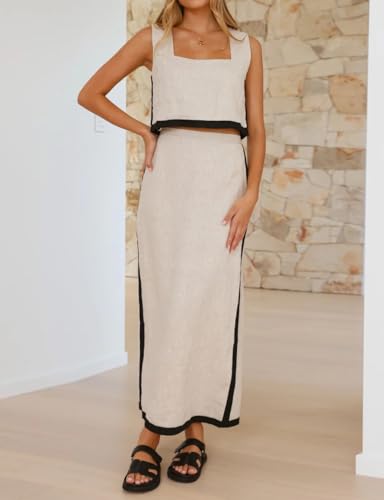 IDEALSANXUN Two Piece Sets for Women Summer Cropped Linen Tank Tops and Maxi Skirt Matching Set3