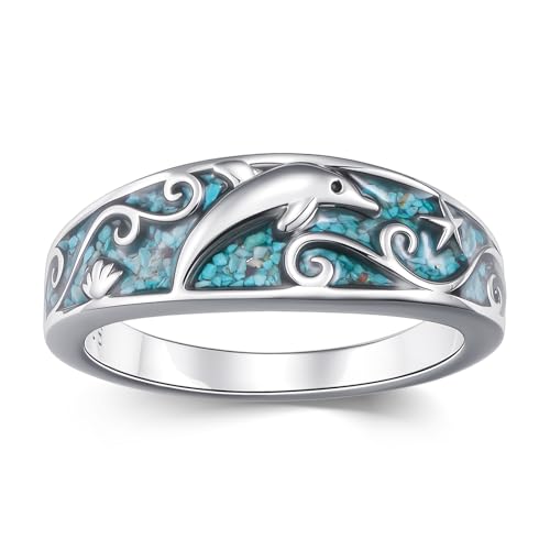 TwoAnts Dolphin Ring for Women 925 Sterling Silver Turquoise Wave Ring Ocean Jewelry Beach Themed Gifts Dolphin Gifts for Women Girlfriend Size 7