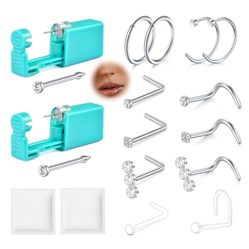 AVYRING Professional Nose Piercing Kit 2 Pack Painless Disposable Self Piercing Gun with 20G L-Shape Nose Studs & Rings for Women Men Silver