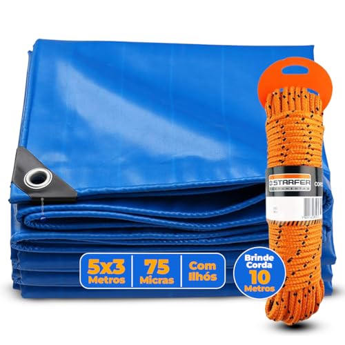 Lona Azul Impermeável Carreteiro, Piscina, Toldos, Caminhão 75G 5x3 Metros + Corda 10 Metros