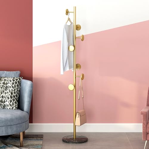 Coat Rack Freestanding with Marble Rock Slab Base Heavy Duty Sturdy Stable Metal Tree Clothes Racks with 7 Staggered Round Hooks Coat Hanger for Clothing Hats Bags Purses for Room Entryway Bedroom