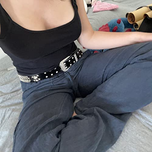 Adrjlyq Rhinestone Belt Y2K Belt Western Cowboy Cowgirl Leather Studded Country Belt Foe Women Men(Black) #TOP5