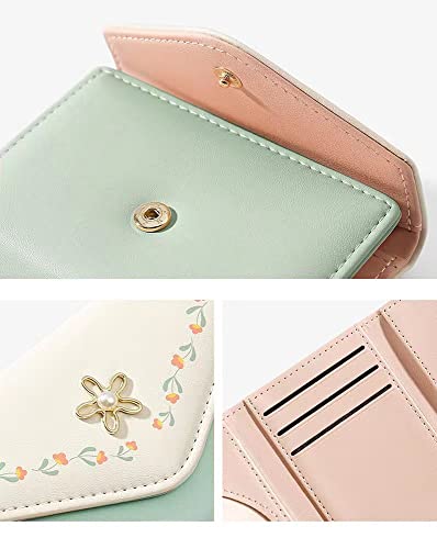 Kuifang Girls Cute Flowers Print Wallet, Small Tri-Folded Aesthetic Wallet, Pu Leather Purse Cash Pocket Card Holder Id Window Purse For Women(Green) #TOP4