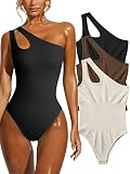 OQQ Women's 3 Piece Sexy Ribbed Sleeveless One Shoulder Tank Top Exercise BodySuit, Black Coffee Bei