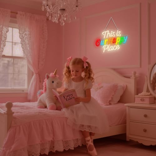 Image of This is Our Happy Place Neon Sign, Letter Neon Signs for Wall Decor Dimmable Light up Sign, Classroom Wedding Kids Room Store Home Neon Decor 16.54 x 11.81 inch
